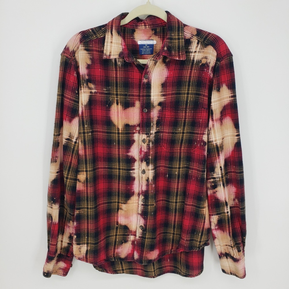 Distressed Red Plaid Flannel Button Down Shirt Mens Sz M Bleached Grunge Cotton